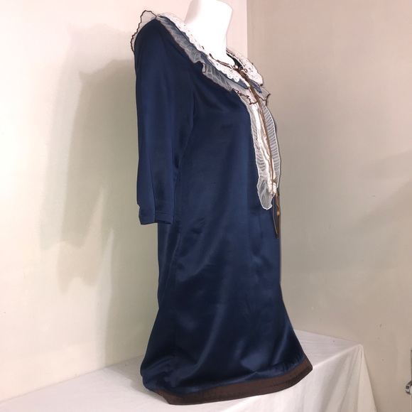 Chloe Cerulean Silk Ruffled Lace 3/4 Sleeve Dress - Picture 4 of 10